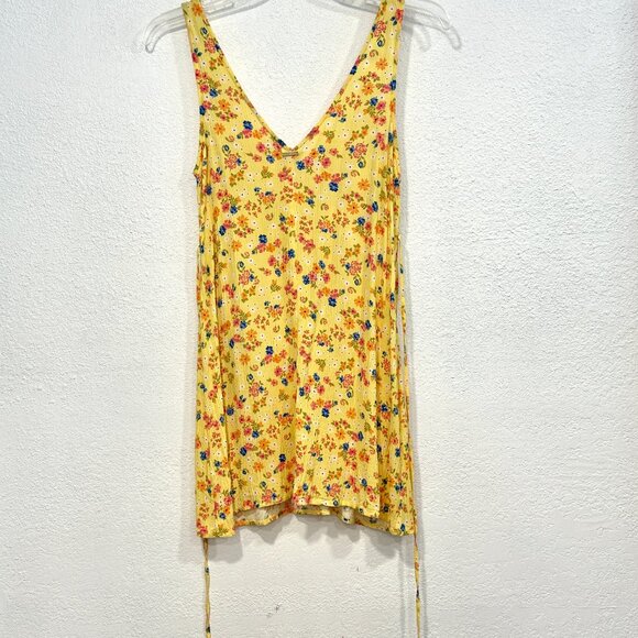 Billabong Sleeveless Mini Dress Yellow Floral V-Neck Tied Waist EUC Womens Large - Picture 2 of 9